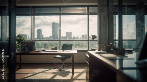 Professional office setup with a breathtaking view of the city skyline. Created by AI