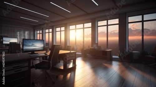 Office workspace in a skyscraper, cityscape panorama, ideal for corporate presentations. Created by AI