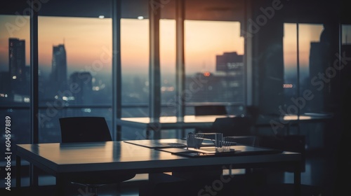  Office with glass windows overlooking city, suitable for productive business meetings. Created by AI
