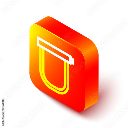 Isometric line Bicycle lock U shaped industrial icon isolated on white background. Orange square button. Vector