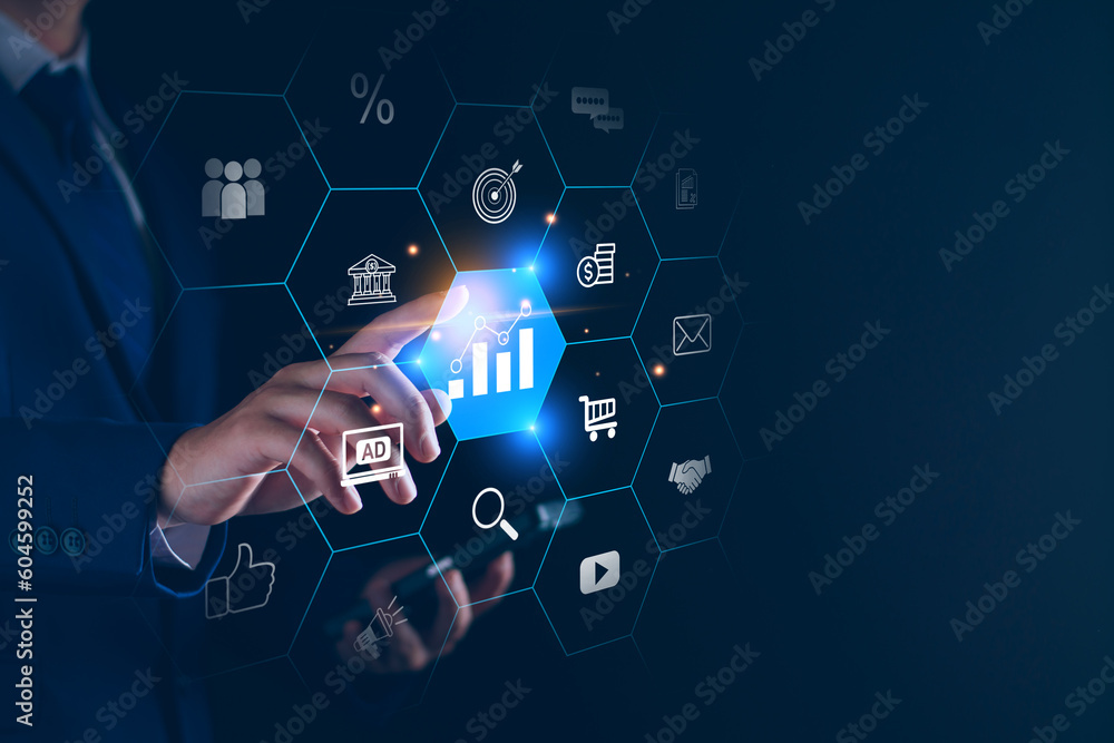 Digital marketing business strategy. Businessman planning future marketing, analyzing customer popularity data, new online advertising, smart trading investment, leadership vision, modern technology Digital marketing business strategy. Businessman planning future marketing, analyzing customer popularity data, new online advertising, smart trading investment, leadership vision, modern technology