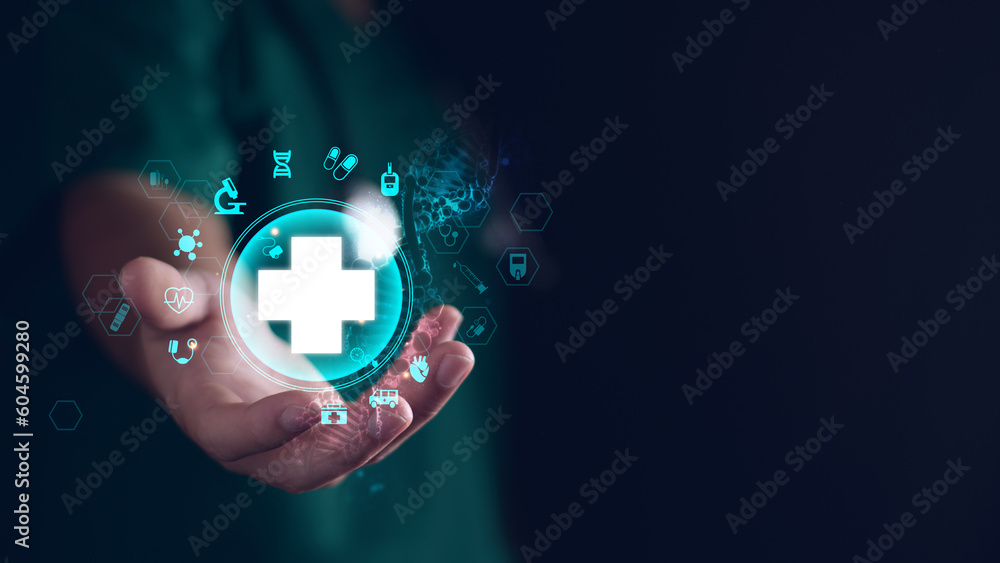 Digital healthcare, Doctor and Ui icon medical on network, Science and medical service technology revolutionized health care, providing fast and easy access for patients, Future of healthcare. - obrazy, fototapety, plakaty 