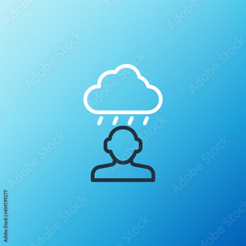 Line Depression and frustration icon isolated on blue background. Man in depressive state of mind. Mental health problems. Colorful outline concept. Vector