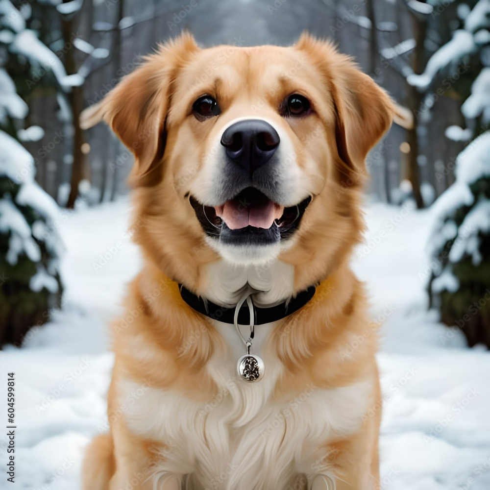 Cute puppy dog at sunset playing in the snow created with Generative AI technology Cute puppy dog at sunset playing in the snow created with Generative AI technology