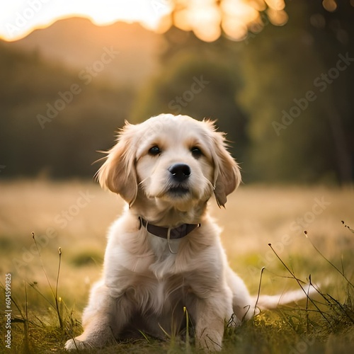 Cute puppy dog at sunset created with Generative AI technology