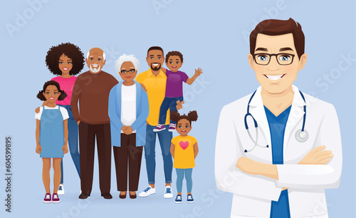 Portrait of male doctor in front of big family vector illustration. Mother, father, daughter, son, grandfather, grandmother standing together on blue background