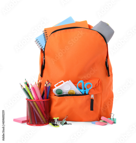 Stylish backpack with school stationery on white background