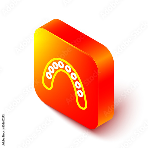 Isometric line Mouth guard boxer icon isolated on white background. Orange square button. Vector