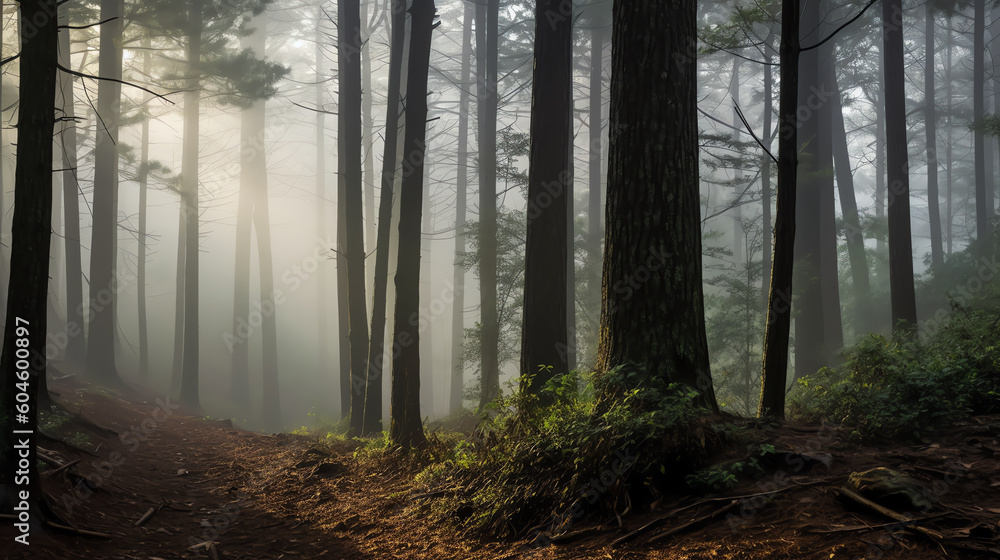 a foggy forest at dawn. generative AI