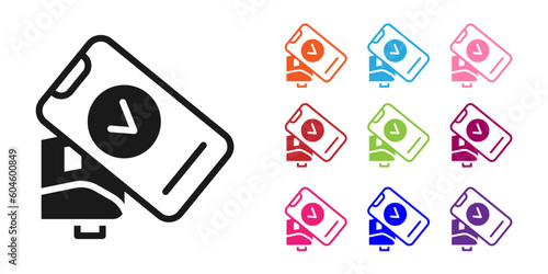 Black POS terminal with printed reciept and confirms the payment by smartphone icon isolated on white background. NFC payment concept. Set icons colorful. Vector