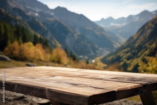 Empty table in a mountain blurred background. generative AI
