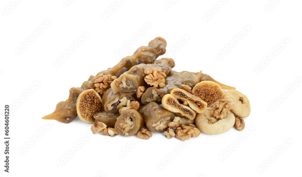 Delicious sweet churchkhelas with walnuts and dried figs isolated on white