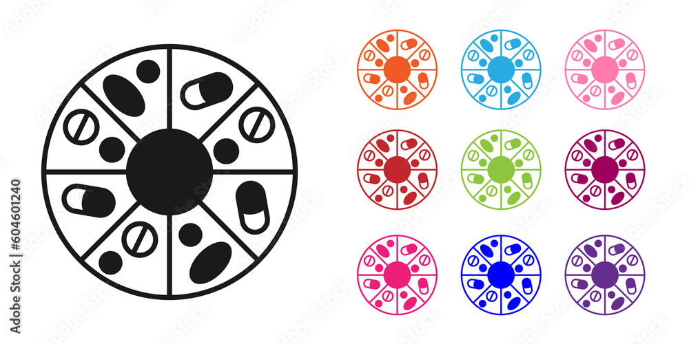 Black Vitamin complex of pill capsule icon isolated on white background. Healthy lifestyle. Set icons colorful. Vector Black Vitamin complex of pill capsule icon isolated on white background. Healthy lifestyle. Set icons colorful. Vector