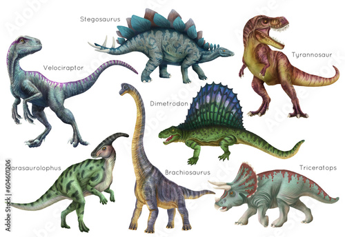 Dinosaur set. Stegosaurus, Dimetrodon, Velociraptor, Triceratops, Brachiosaurus, Tyrex, Parasaurolophus