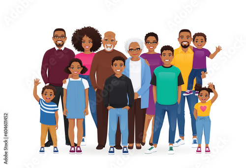 Portrait of big happy African family with grandparents and children vector illustration isolated. Mother, father, daughter, son, grandfather, grandmother standing together