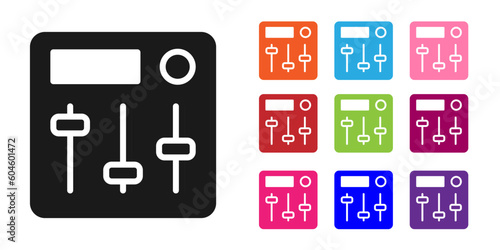Black Sound mixer controller icon isolated on white background. Dj equipment slider buttons. Mixing console. Set icons colorful. Vector