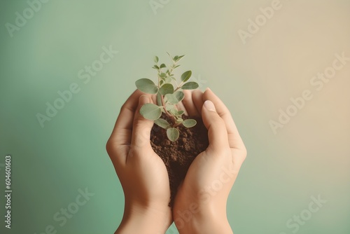 hand holding young plant isolated on pastel background create with ia