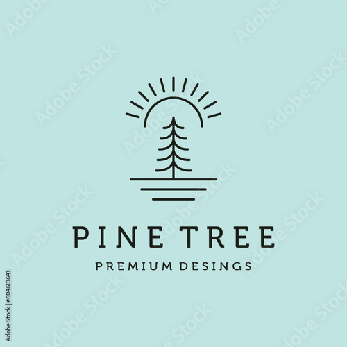 pine tree and sun logo line art vector symbol illustration design, landscape symbol