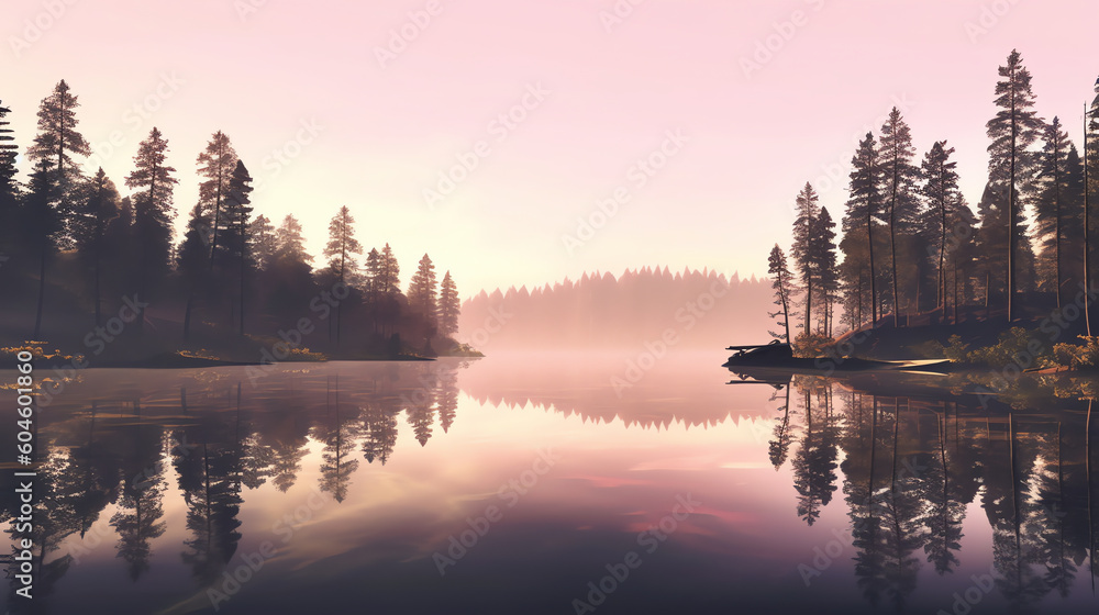 a quiet mountain lake at dawn. generative AI
