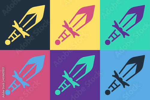 Pop art Medieval sword icon isolated on color background. Medieval weapon. Vector