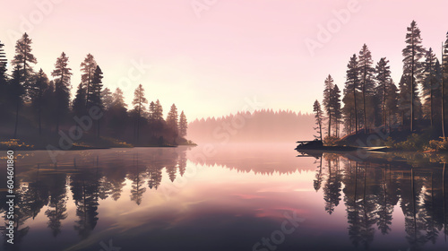 a quiet mountain lake at dawn. generative AI