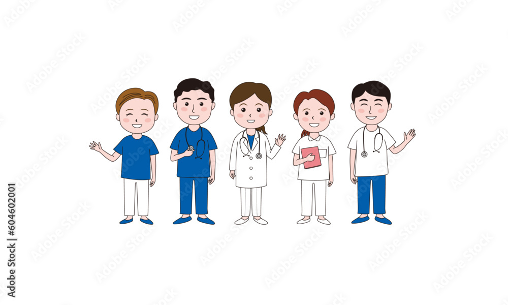 笑顔で並んで立っている医師と看護師のかわいいイラスト 笑顔で並んで立っている医師と看護師のかわいいイラスト
