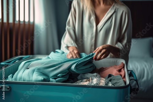 A woman is preparing a suitcase. Travel concept. Generative AI