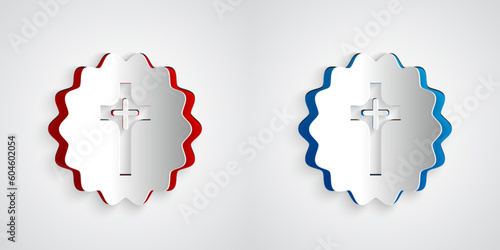 Paper cut Christian cross icon isolated on grey background. Church cross. Paper art style. Vector