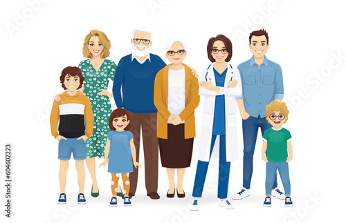 Female doctor with big family vector illustration. Mother, father, daughter, son, grandfather, grandmother standing together isolated