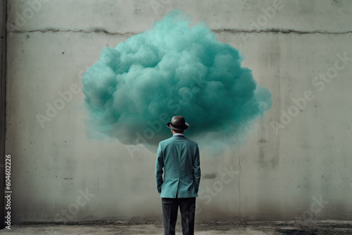 a turquoise  aquamarine cloud near the head of a man in a business suit. art  minimalism. surreal art. AI generative