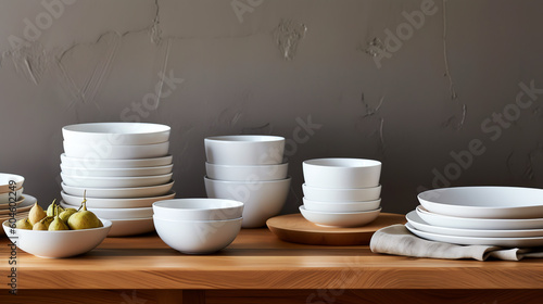 a set of white ceramic dinnerware. generative AI