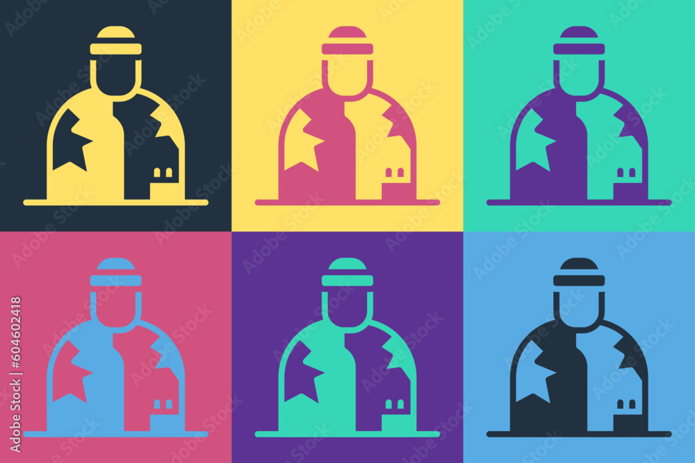 Fototapeta premium Pop art Homeless icon isolated on color background. Homelessness problem. Vector