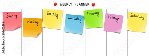 Weekly planner with memory notes. First day - Sunday. Vector illustration. Can be use for template your design, presentation, promo, ad. EPS10.