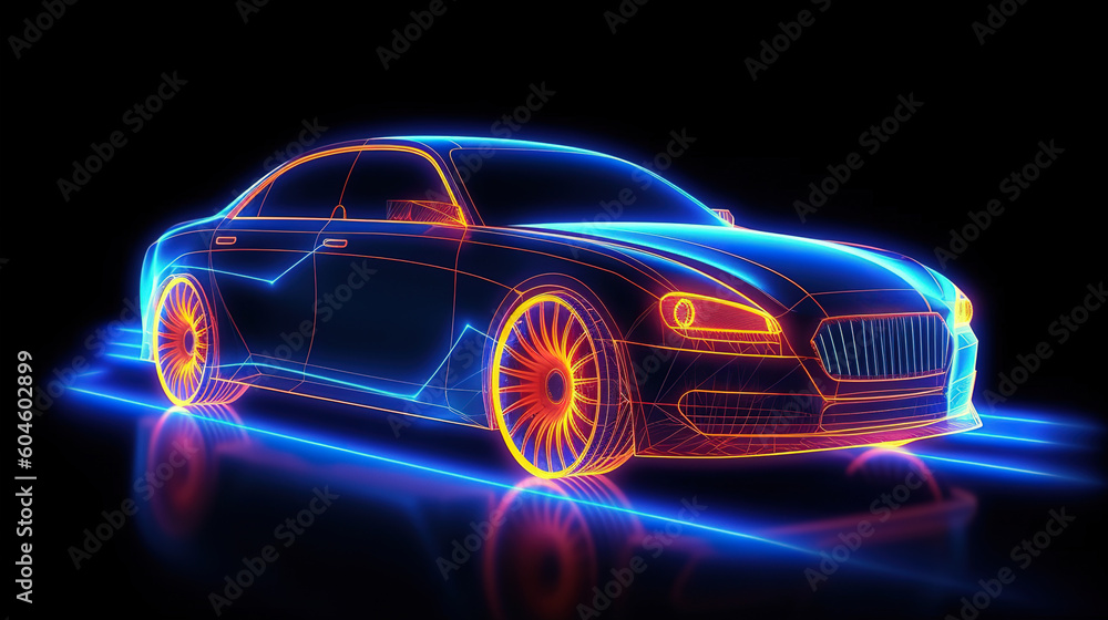 A car in a glowing neon style made of neon lines. AI generation A car in a glowing neon style made of neon lines. AI generation