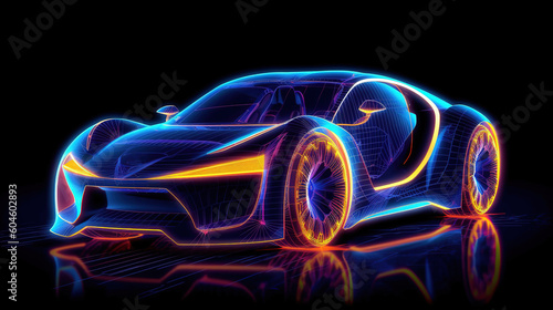 A car in a glowing neon style made of neon lines. AI generation