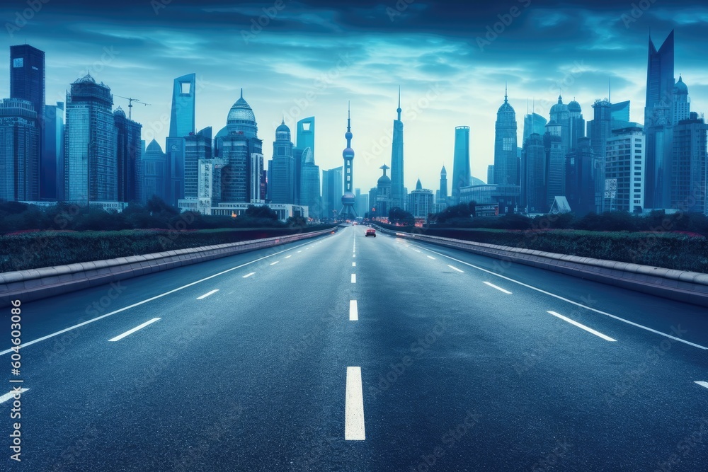Fototapeta premium Shanghai cityscape with empty road and skyline in the distance. Generative AI