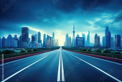Shanghai cityscape with empty road and skyline in the distance. Generative AI © Mustafa