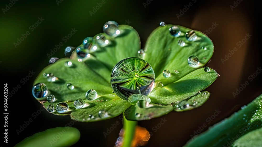 World Enviroment Day. Close Up Reflection of a blooming flower in a perfectly spherical dewdrop on a lush green leaf. Generative ai. World Enviroment Day. Close Up Reflection of a blooming flower in a perfectly spherical dewdrop on a lush green leaf. Generative ai.