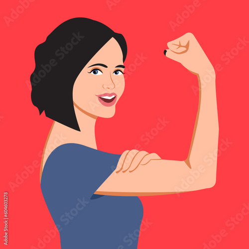 Strong smiling woman showing arm and bicep, to illustrate strenght concept like beeing a mother, a businesswoman