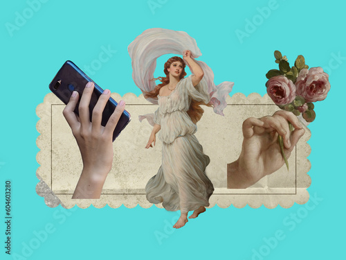 human white sculpture old paper sea leaf roman flower contemporary collage artwork isolated on color photo