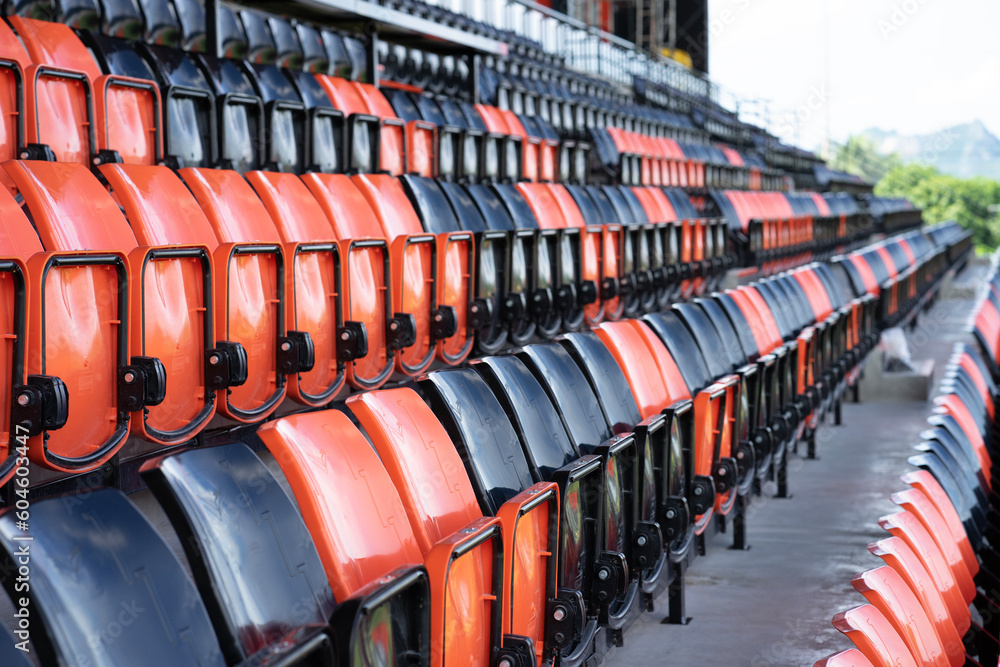 Fototapeta premium Row of empty seats on main stand, sport event concept