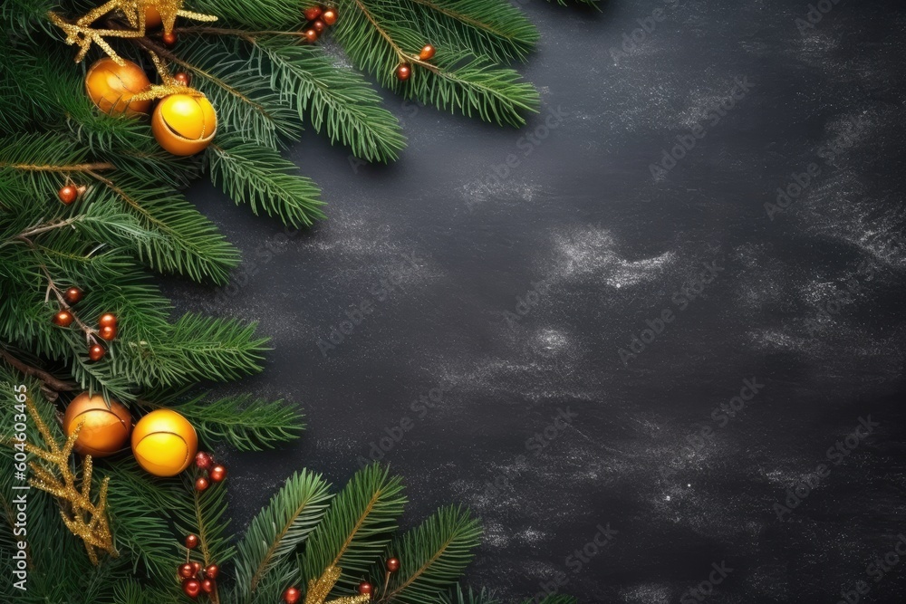 Christmas decoration, christmas lights with fir branches on a black textured background. Generative AI Christmas decoration, christmas lights with fir branches on a black textured background. Generative AI