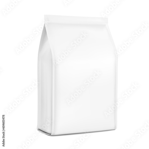Realistic vertical gusseted bag mockup. Half side view. Vector illustration isolated on white background. Can be use for template your design, presentation, promo, ad. EPS10.