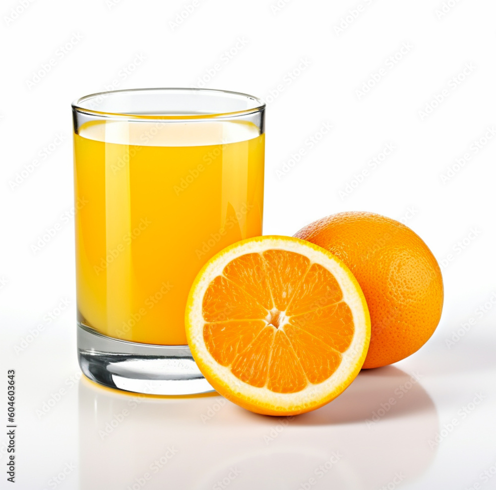 Full glass with orange juice isolated on white background. Healthy refreshing summer orange juice drink with orange fruit slices. Generative AI Full glass with orange juice isolated on white background. Healthy refreshing summer orange juice drink with orange fruit slices. Generative AI