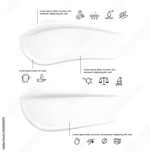 Matt and glossy realistic smears of cream mockup. Vector illustration on white background with icons. Ready for your design. Easily presents your product. EPS10.