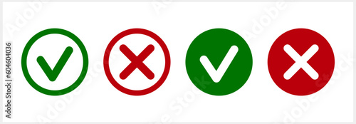 Green tick and red cross icon Check mark clipart set. X, yes, no symbol. Vector stock illustration EPS 10
