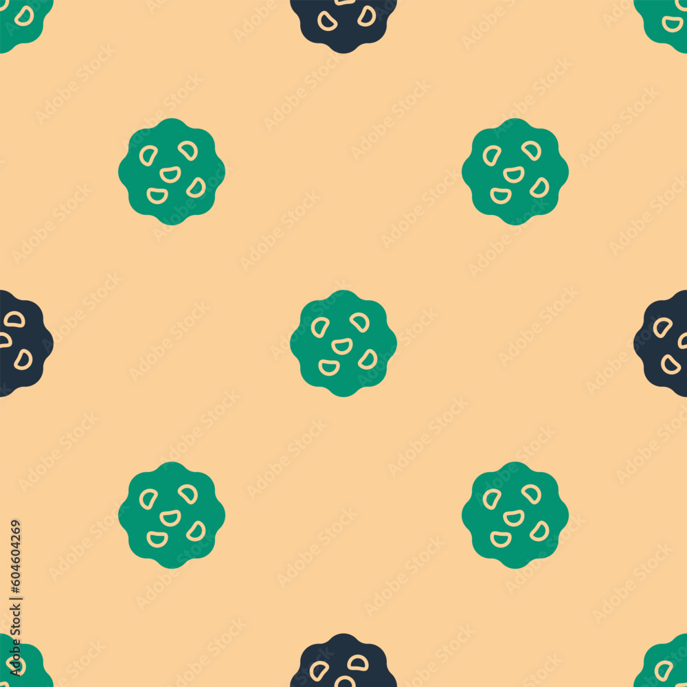Green and black Cookie or biscuit with chocolate icon isolated seamless pattern on beige background. Vector Green and black Cookie or biscuit with chocolate icon isolated seamless pattern on beige background. Vector