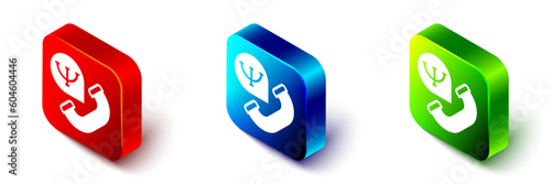 Isometric Online psychological counseling distance icon isolated on white background. Psychotherapy, psychological help, psychiatrist online consulting. Red, blue and green square button. Vector