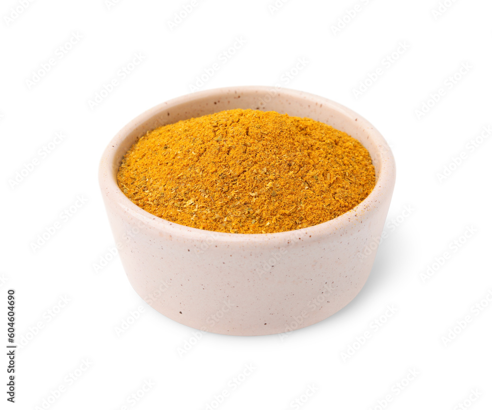 Bowl with curry powder isolated on white