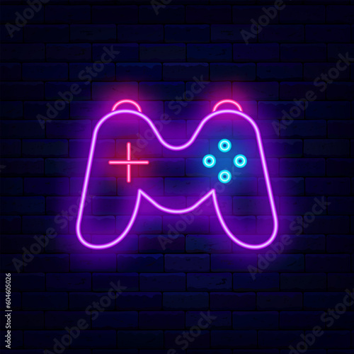 Joystick neon icon on brick wall. Light label. Glowing advertising. Remote game controller. Vector illustration
